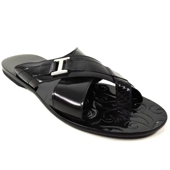 GOODMAN 🇮🇹 MEN'S BLACK LEATHER FLAT SUMMER SANDALS