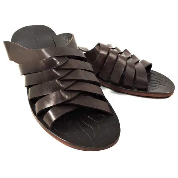 GOODMAN 🇮🇹 MEN'S BROWN LEATHER COMFORT FLAT SUMMER SANDALS