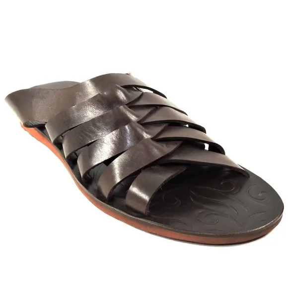 GOODMAN 🇮🇹 MEN'S BROWN LEATHER COMFORT FLAT SUMMER SANDALS