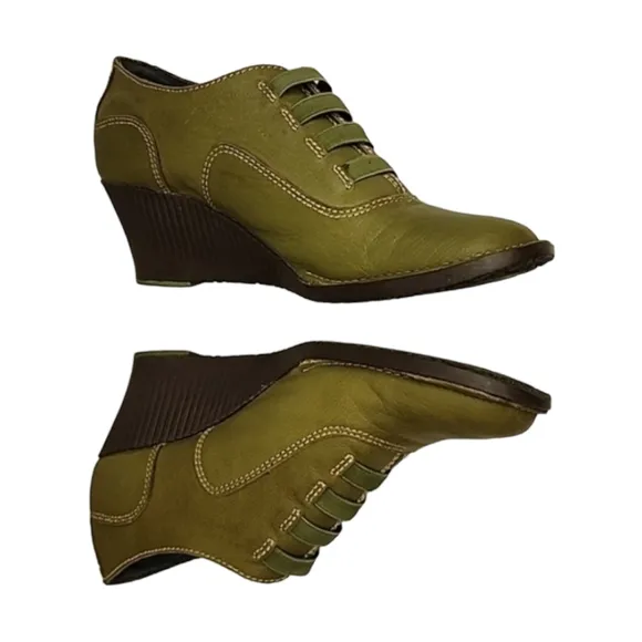 Groundhog Portugal Olive Green Leather Booties 37 7 Wedge Boots Heels Oxfords