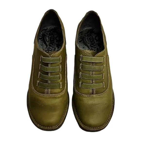 Groundhog Portugal Olive Green Leather Booties 37 7 Wedge Boots Heels Oxfords