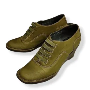 Groundhog Portugal Olive Green Leather Booties 37 7 Wedge Boots Heels Oxfords