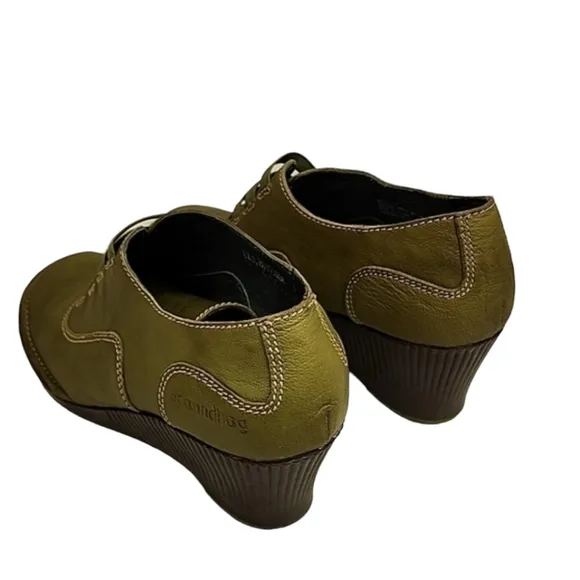 Groundhog Portugal Olive Green Leather Booties 37 7 Wedge Boots Heels Oxfords