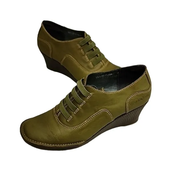 Groundhog Portugal Olive Green Leather Booties 37 7 Wedge Boots Heels Oxfords