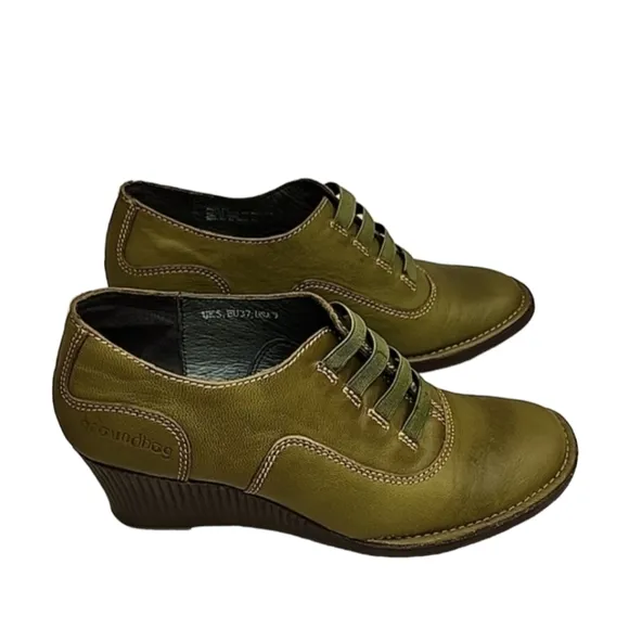 Groundhog Portugal Olive Green Leather Booties 37 7 Wedge Boots Heels Oxfords