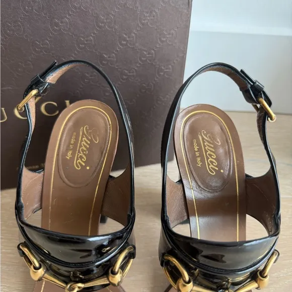 Gucci Black and Brown High Heel Sandals with Gold Hardware