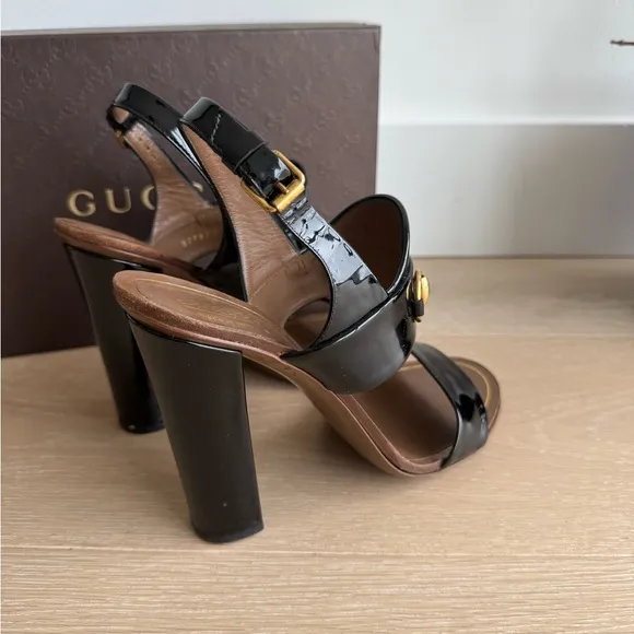 Gucci Black and Brown High Heel Sandals with Gold Hardware