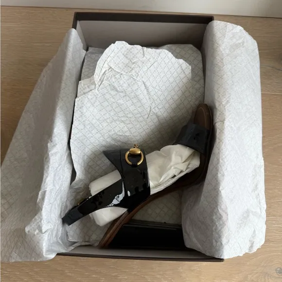 Gucci Black and Brown High Heel Sandals with Gold Hardware