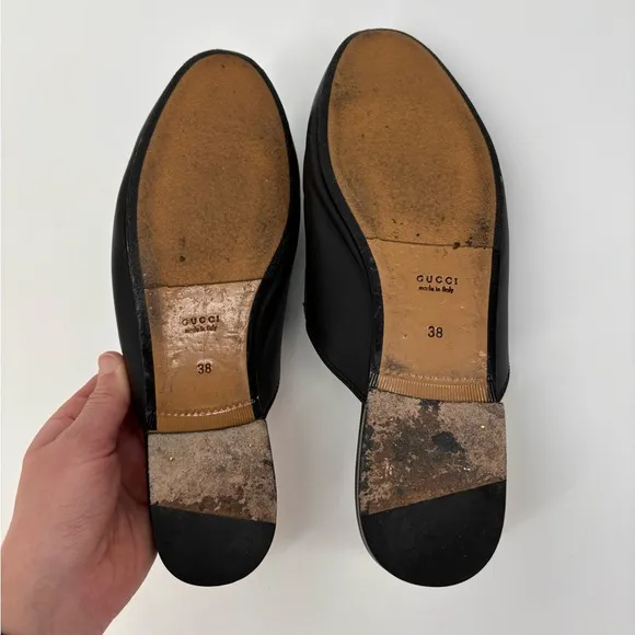 GUCCI Black Leather Mules  with Gold Detail