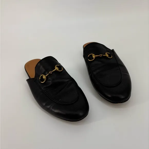 GUCCI Black Leather Mules  with Gold Detail