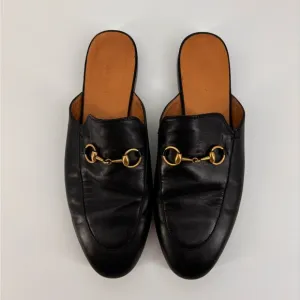 GUCCI Black Leather Mules  with Gold Detail