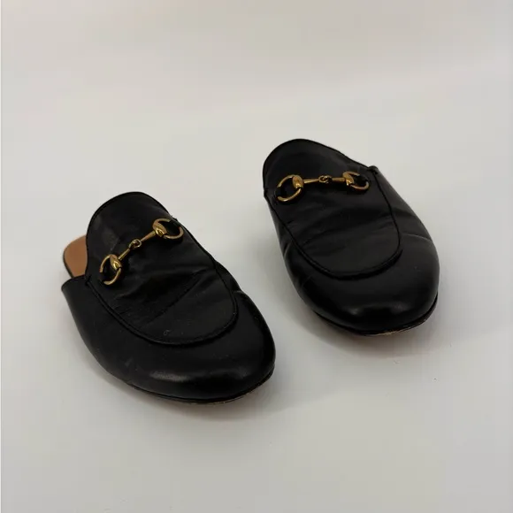 GUCCI Black Leather Mules  with Gold Detail