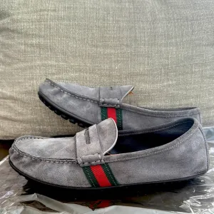 Gucci Gray and Red Loafers with Classic Design