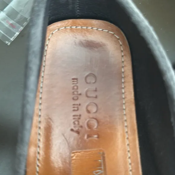Gucci Gray and Red Loafers with Classic Design