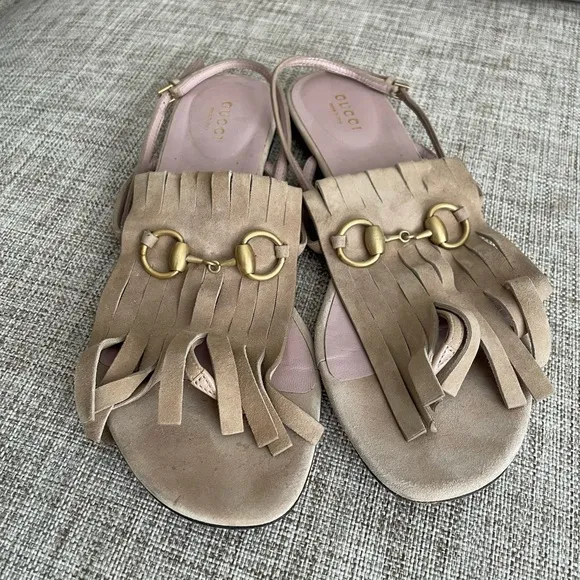 Gucci Gucci Beige Suede Becky Fringe Flat Sandals Size 38