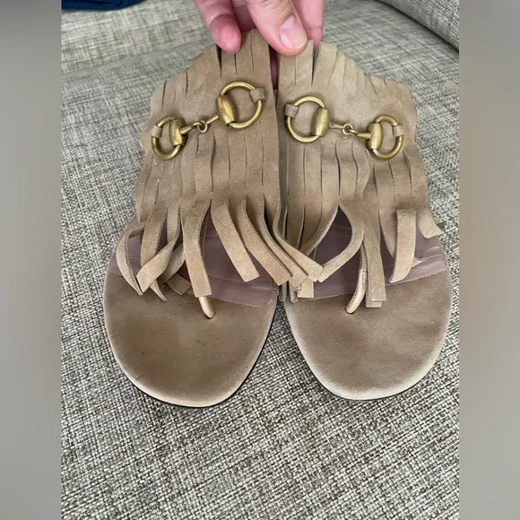 Gucci Gucci Beige Suede Becky Fringe Flat Sandals Size 38