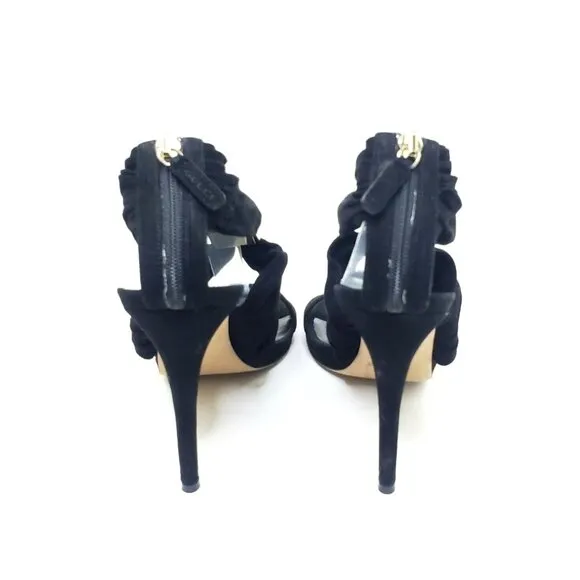 GUCCI High Heel Sandals Black Suede Strap Gold Logo Zip EU 39.5 US 9.5