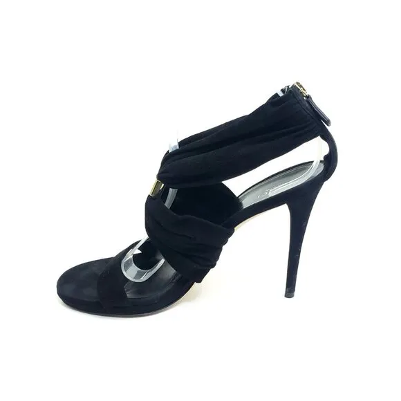 GUCCI High Heel Sandals Black Suede Strap Gold Logo Zip EU 39.5 US 9.5