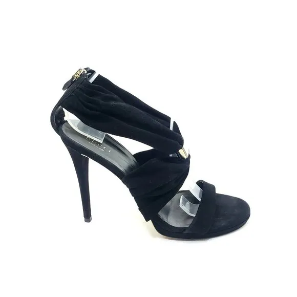 GUCCI High Heel Sandals Black Suede Strap Gold Logo Zip EU 39.5 US 9.5