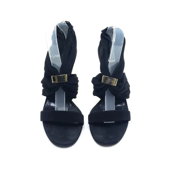 GUCCI High Heel Sandals Black Suede Strap Gold Logo Zip EU 39.5 US 9.5