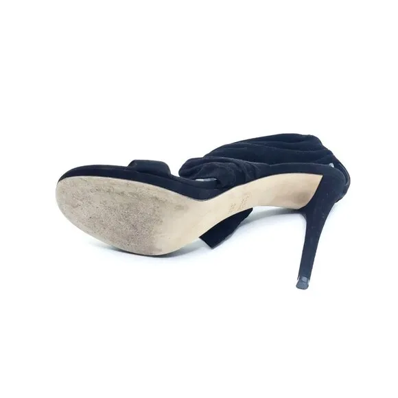 GUCCI High Heel Sandals Black Suede Strap Gold Logo Zip EU 39.5 US 9.5