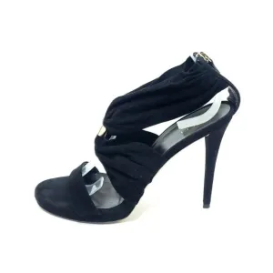 GUCCI High Heel Sandals Black Suede Strap Gold Logo Zip EU 39.5 US 9.5