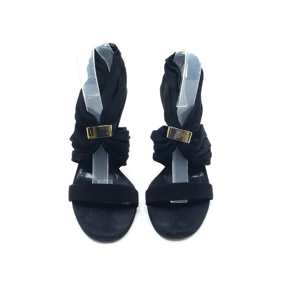 GUCCI High Heel Sandals Black Suede Strap Gold Logo Zip EU 39.5 US 9.5