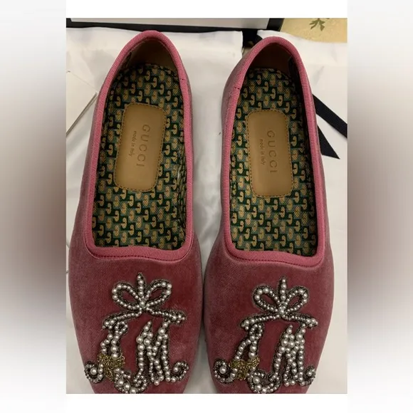 Gucci Pink Velvet Loafers with Metallic Embellishment
