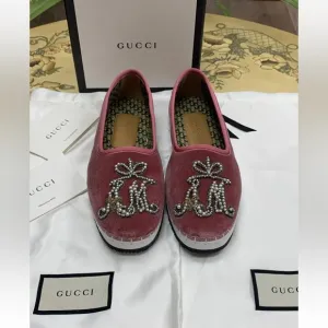Gucci Pink Velvet Loafers with Metallic Embellishment