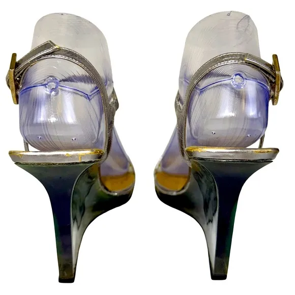 GUCCI SILVER WEDGE HIGH HEEL SANDALS