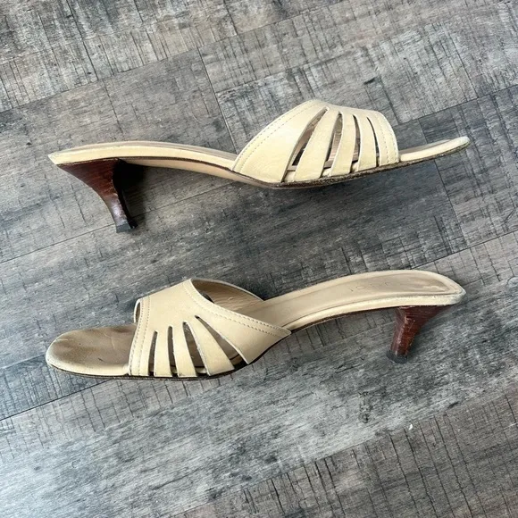 GUCCI TAN LEATHER KITTEN HIGH HEEL MULES SLIDE SANDALS SIZE 9