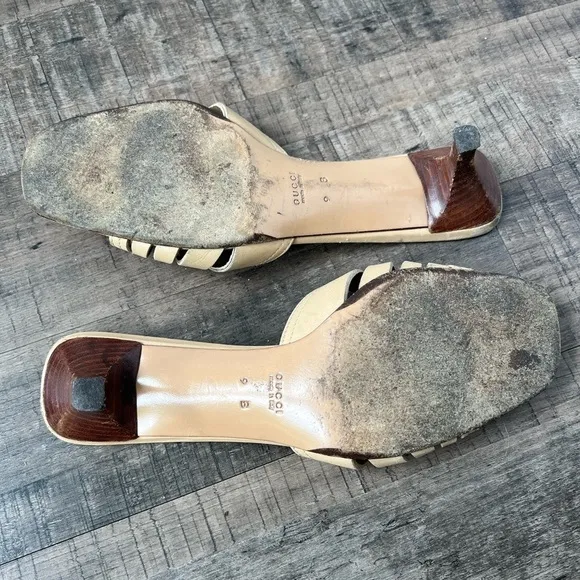 GUCCI TAN LEATHER KITTEN HIGH HEEL MULES SLIDE SANDALS SIZE 9
