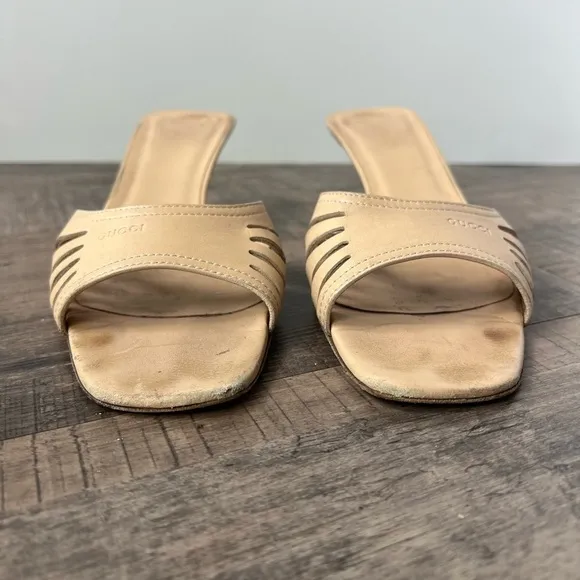 GUCCI TAN LEATHER KITTEN HIGH HEEL MULES SLIDE SANDALS SIZE 9