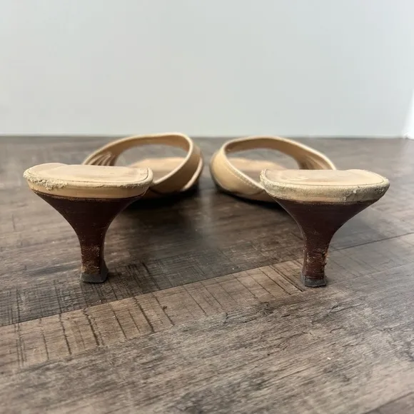 GUCCI TAN LEATHER KITTEN HIGH HEEL MULES SLIDE SANDALS SIZE 9
