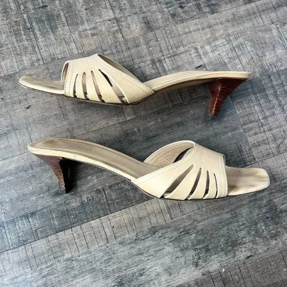 GUCCI TAN LEATHER KITTEN HIGH HEEL MULES SLIDE SANDALS SIZE 9