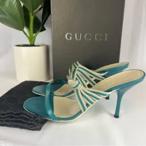 Gucci Teal Blue Fabric and Leather Mirabelle Slide Sandals Shoes Spring Size 36