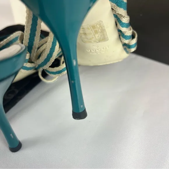 Gucci Teal Blue Fabric and Leather Mirabelle Slide Sandals Shoes Spring Size 36