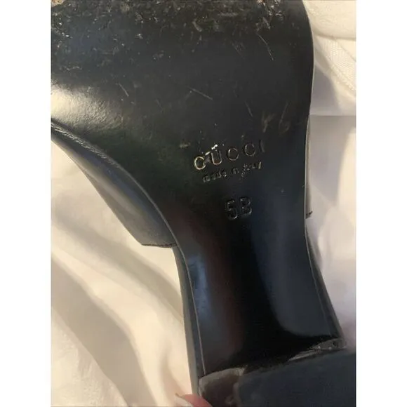 Gucci Authentic Black Olive Green Leather Medium Heel Sling Black Sandals 5 B