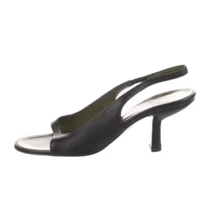 Gucci Authentic Black Olive Green Leather Medium Heel Sling Black Sandals 5 B