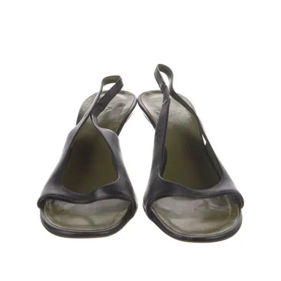 Gucci Authentic Black Olive Green Leather Medium Heel Sling Black Sandals 5 B