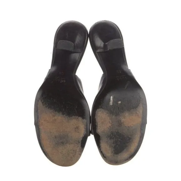 Gucci Authentic Black Olive Green Leather Medium Heel Sling Black Sandals 5 B