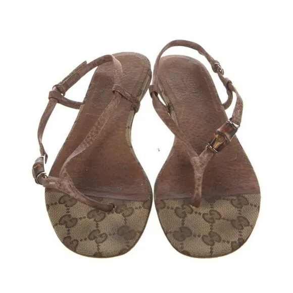 Gucci Authentic Brown Canvas GG Logo Leather Slingback Flat Sandals 6.5