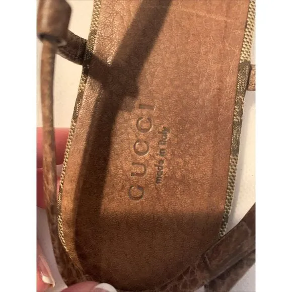 Gucci Authentic Brown Canvas GG Logo Leather Slingback Flat Sandals 6.5
