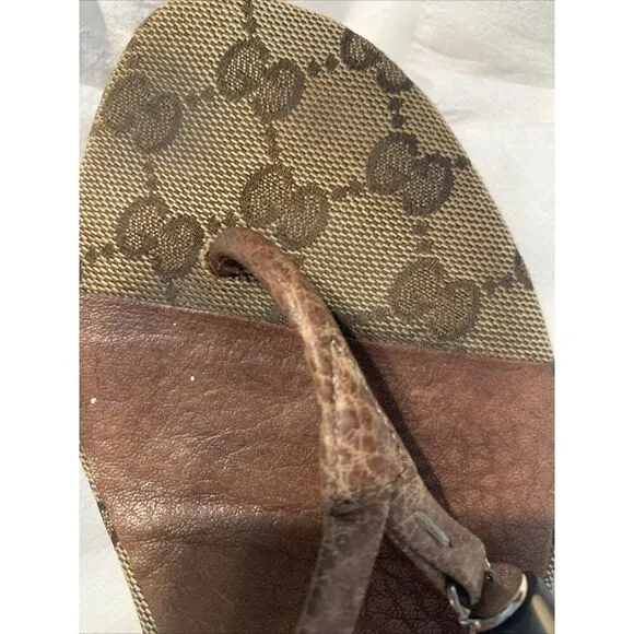 Gucci Authentic Brown Canvas GG Logo Leather Slingback Flat Sandals 6.5
