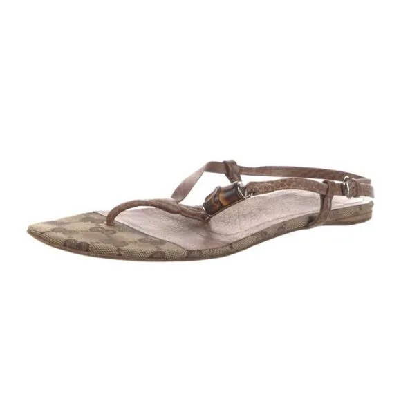 Gucci Authentic Brown Canvas GG Logo Leather Slingback Flat Sandals 6.5