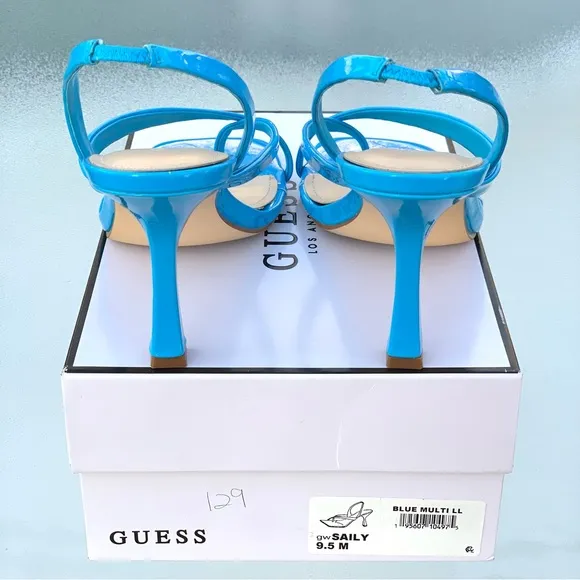 GUESS Saily High Gloss Beight Blue Strappy High Heel Sandals ~ Women’s 9.5 M