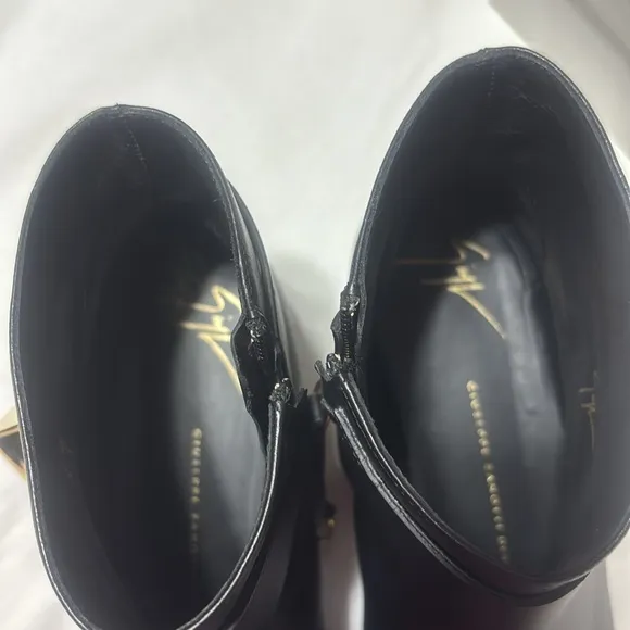Guiseppe Zanotti Black Ankle Boots with Gold Accent scud and side zipper. EUC