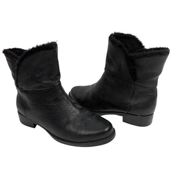 H by Halston Olga Women's 5.5 Black Leather Ankle Boots Slip On Faux Fur Inside