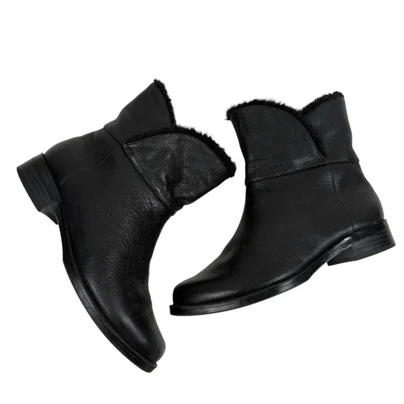H by Halston Olga Women's 5.5 Black Leather Ankle Boots Slip On Faux Fur Inside