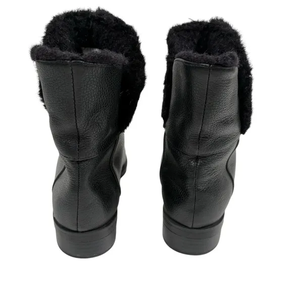 H by Halston Olga Women's 5.5 Black Leather Ankle Boots Slip On Faux Fur Inside